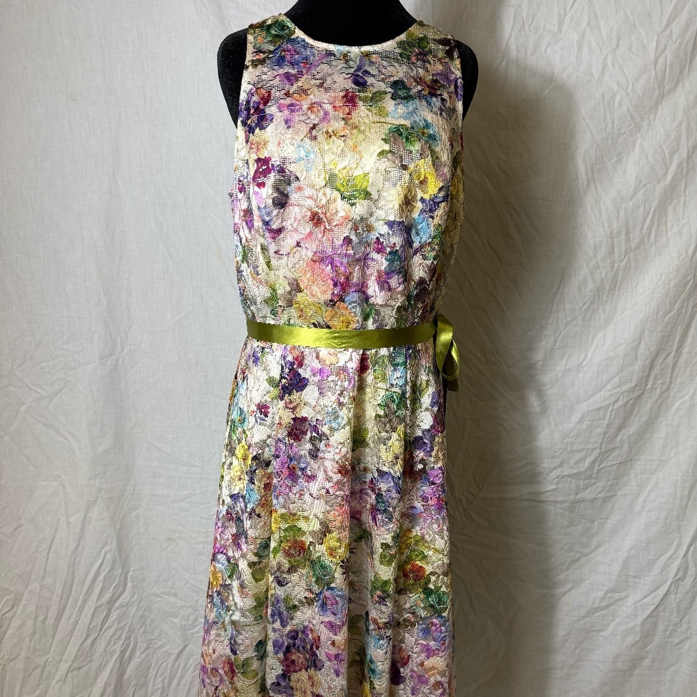 Floral Garden Print Sleeveless A-line Midi Maxi Dress Green Ribbon Waist